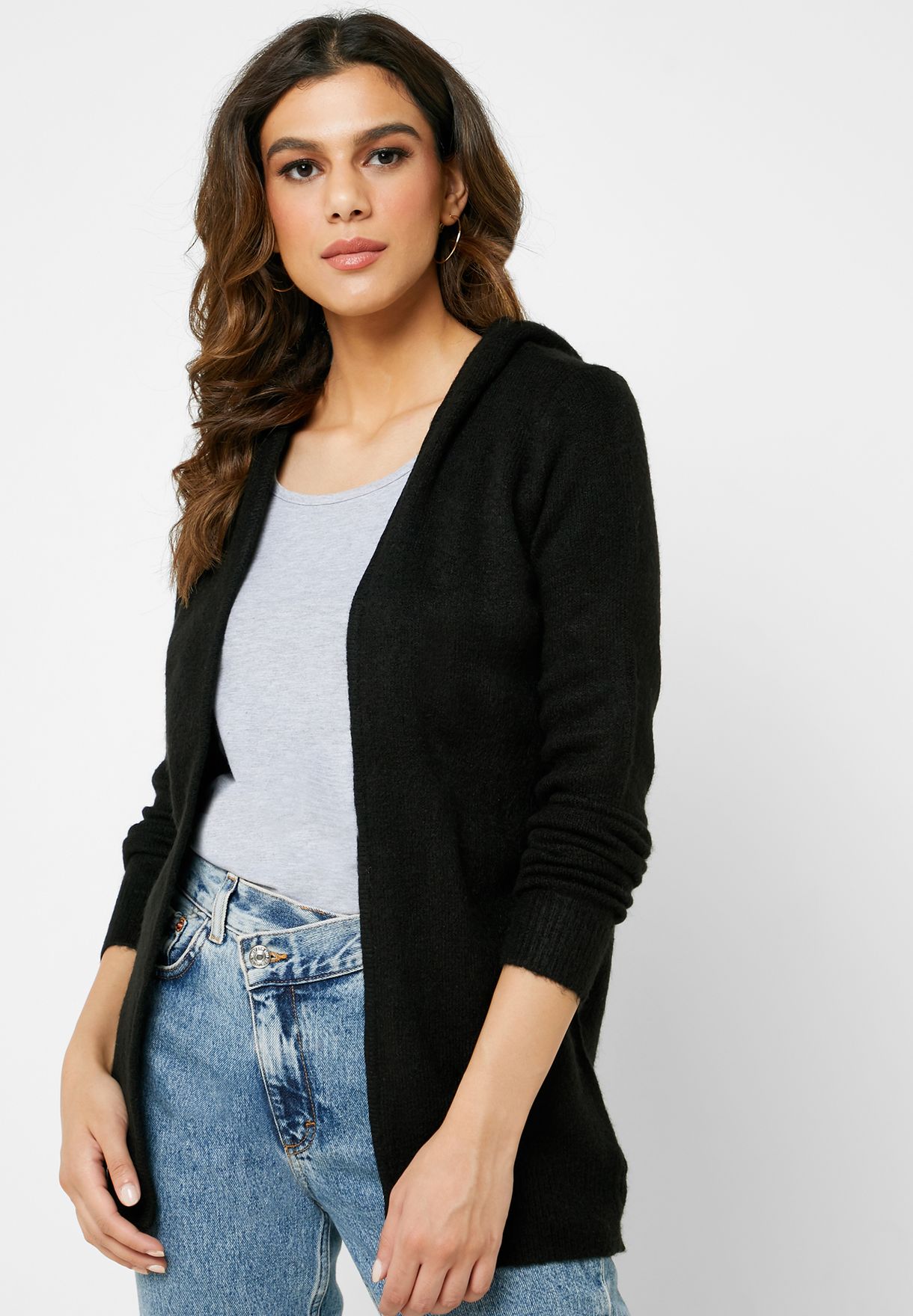 black longline hooded cardigan