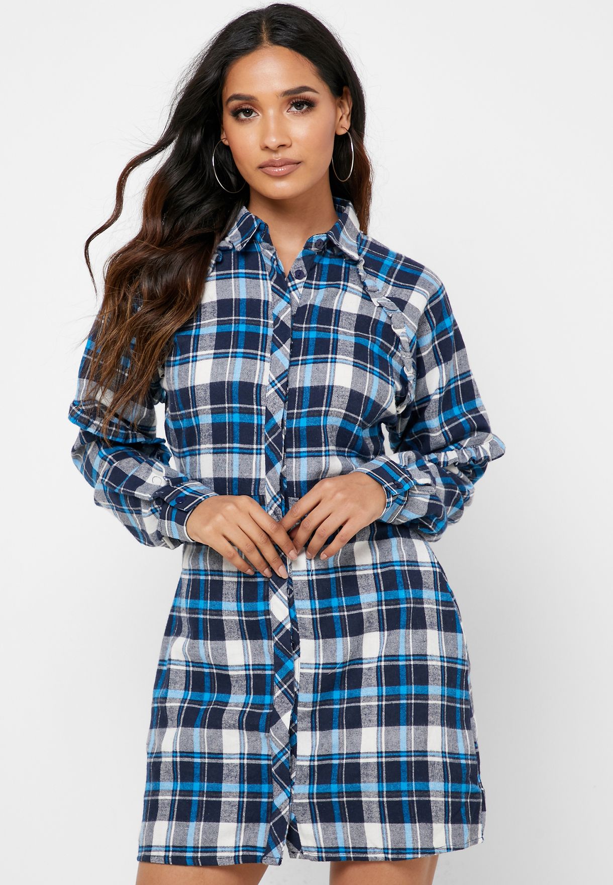 blue check shirt dress