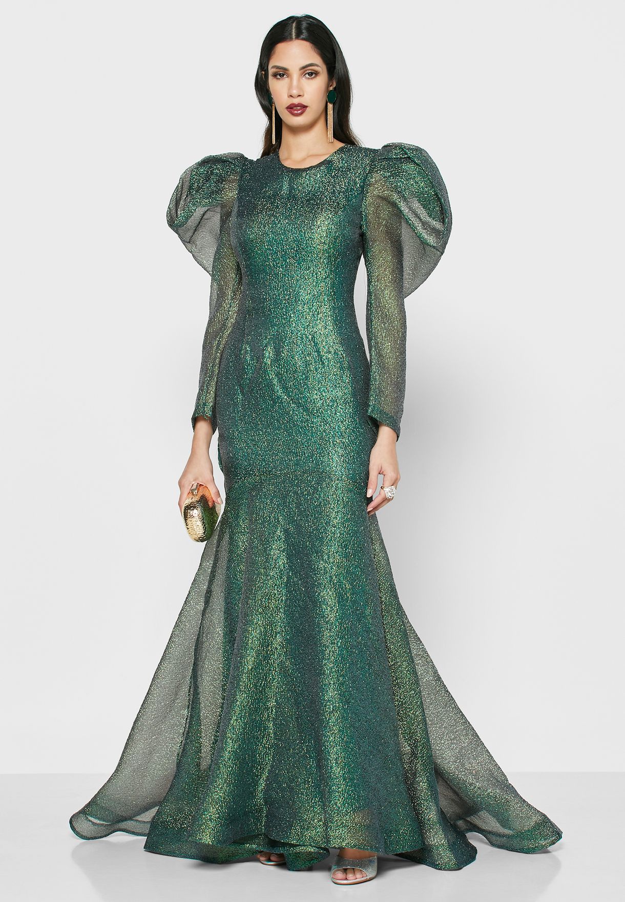 Buy Khizana green Metallic Puffed Sleeve Maxi Dress for Women in MENA ...