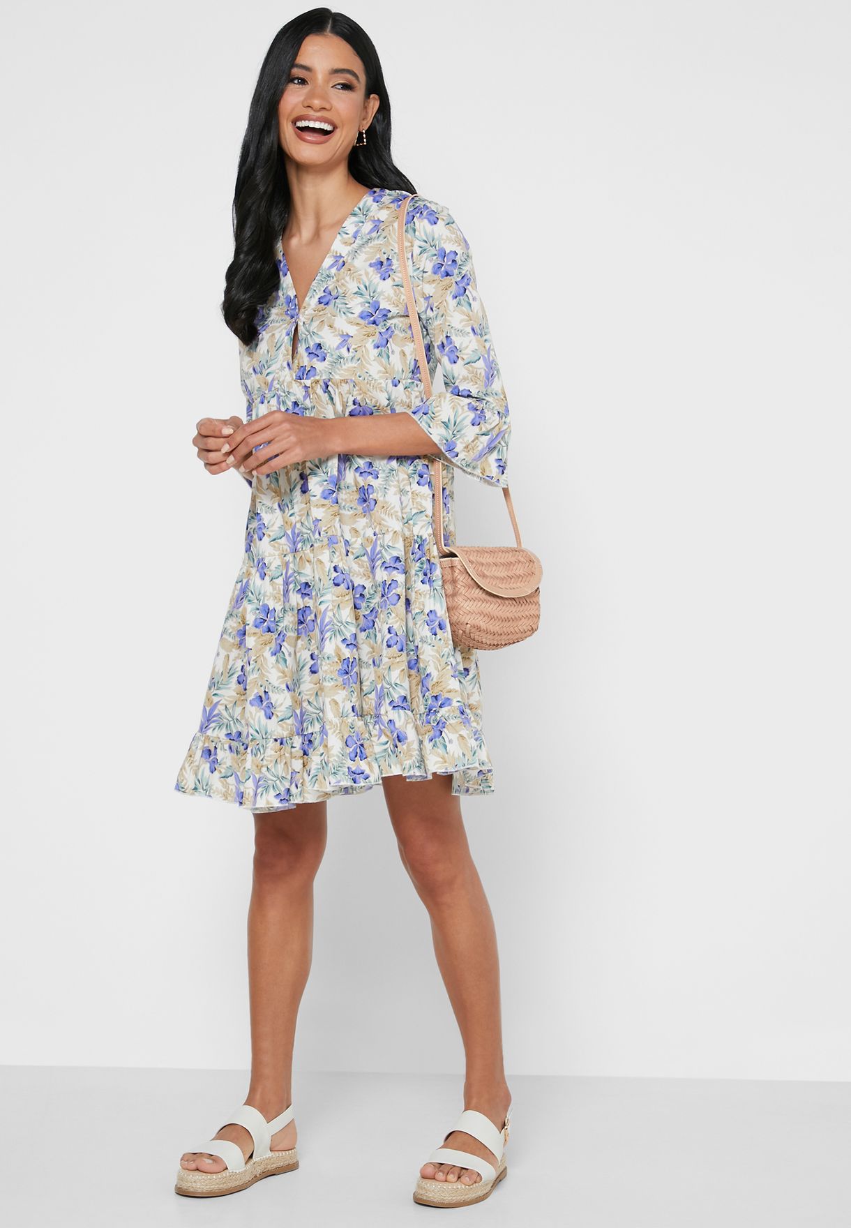 floral print ruffle trim mini dress