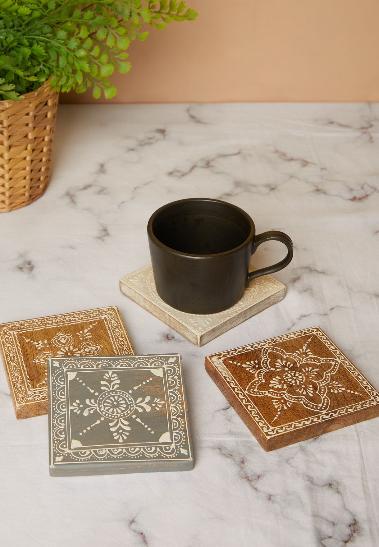 Set Of 4 Square Painted Wooden Coasters