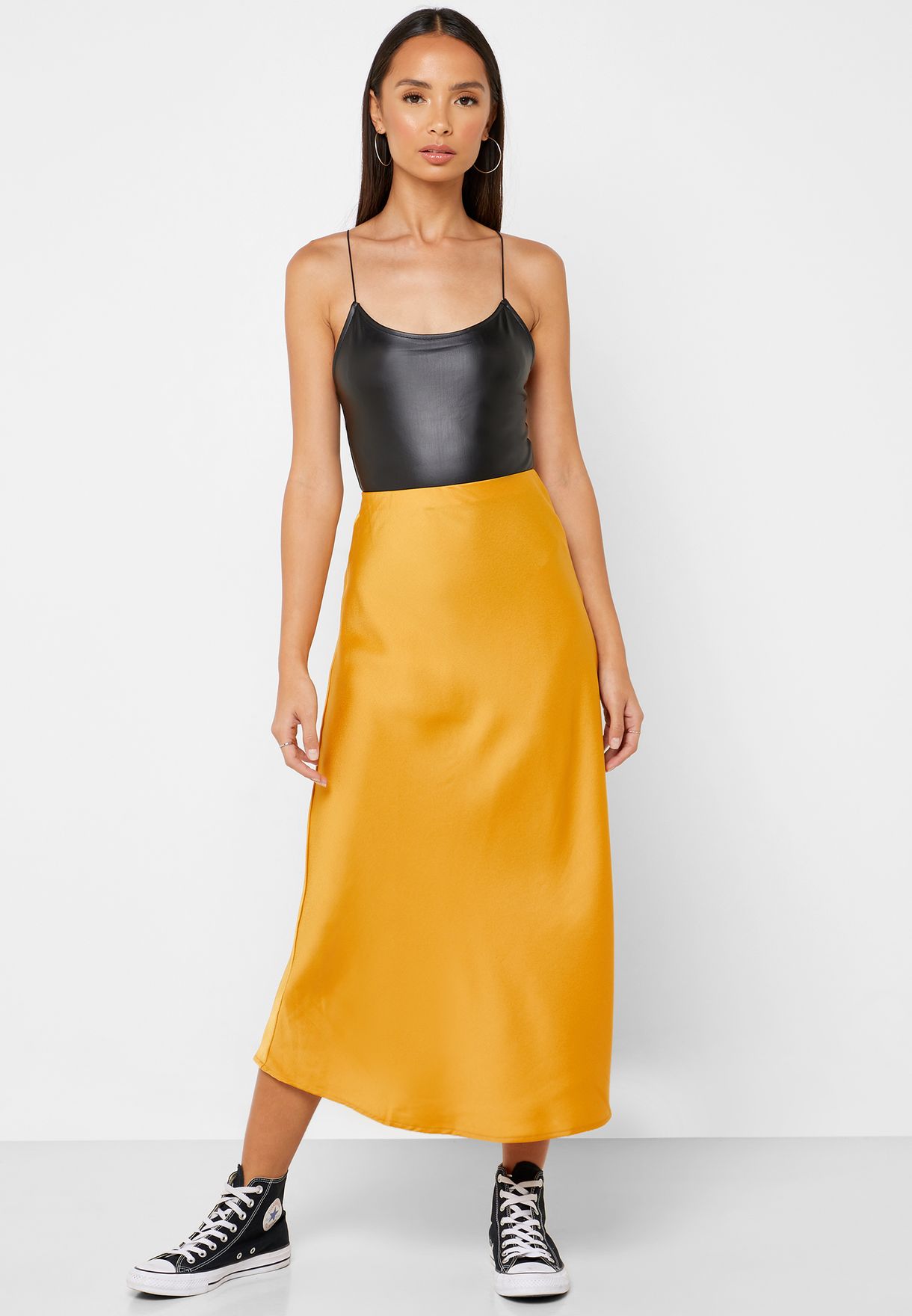 mustard satin midi skirt