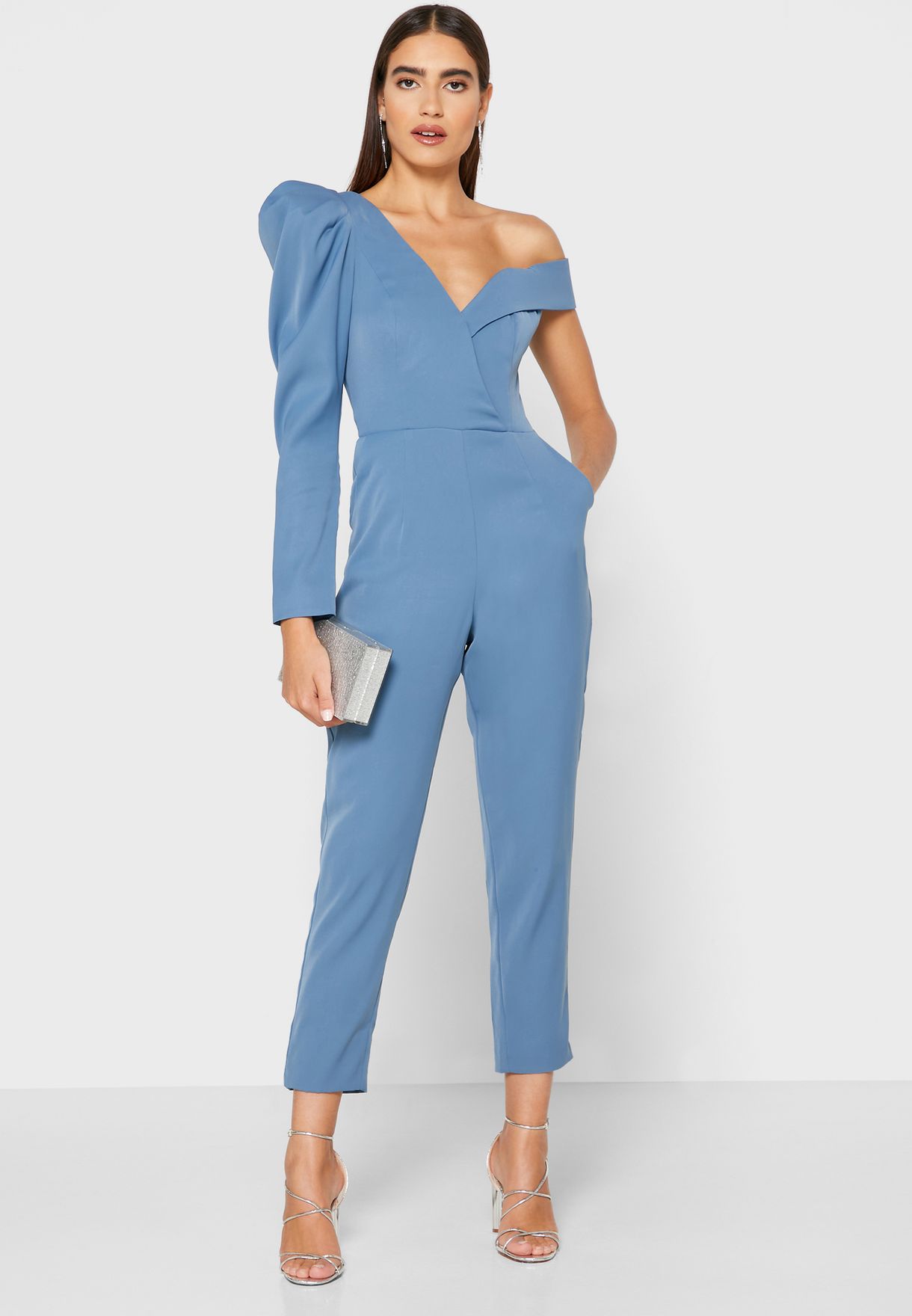 light blue one shoulder jumpsuit