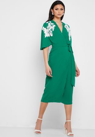 Ivy green Floral Embroidered Wrap Dress ...