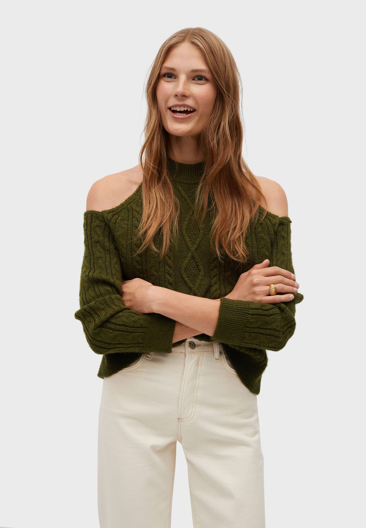 cable knit cold shoulder sweater