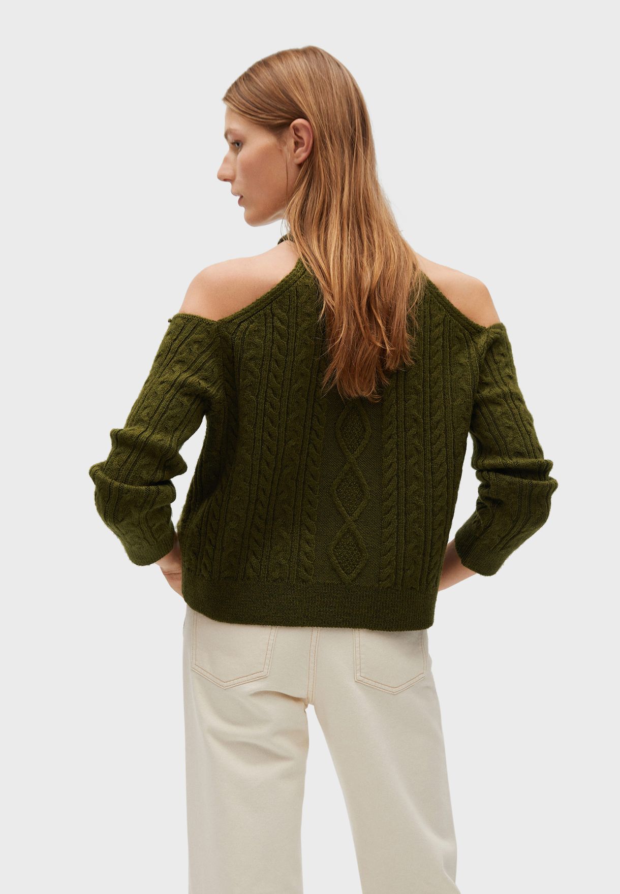 cable knit cold shoulder sweater
