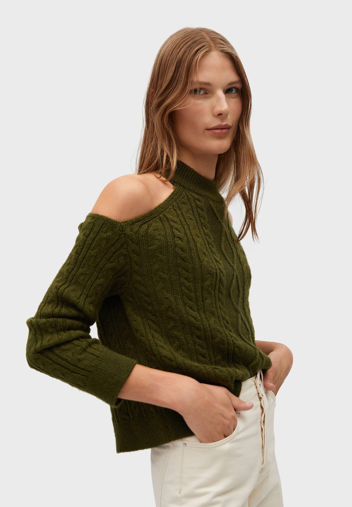 cable knit cold shoulder sweater