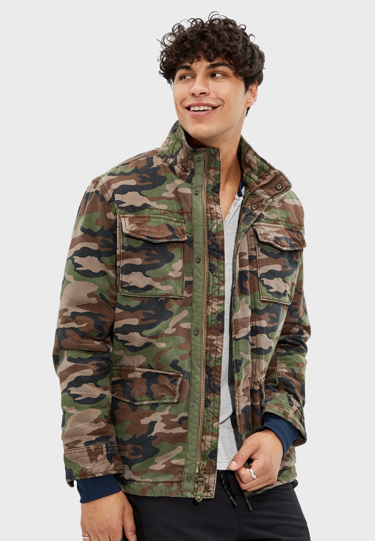 Buy American Eagle prints Sherpa Lined Camo Military Jacket for Men in ...