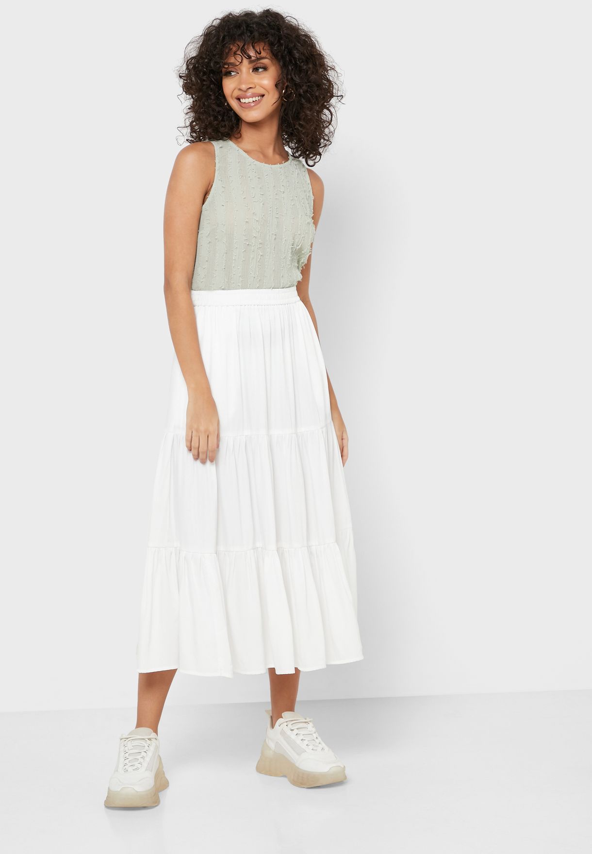 midi white tiered skirt