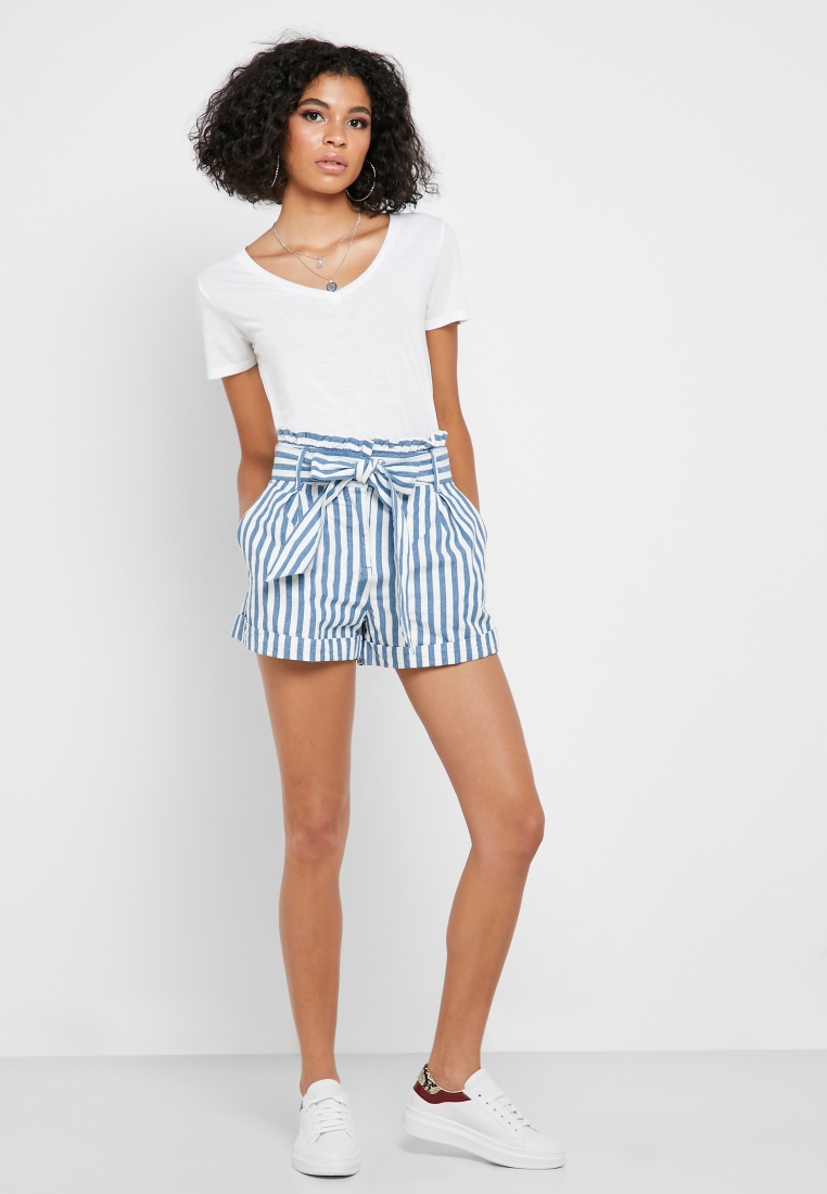 striped self tie waist shorts