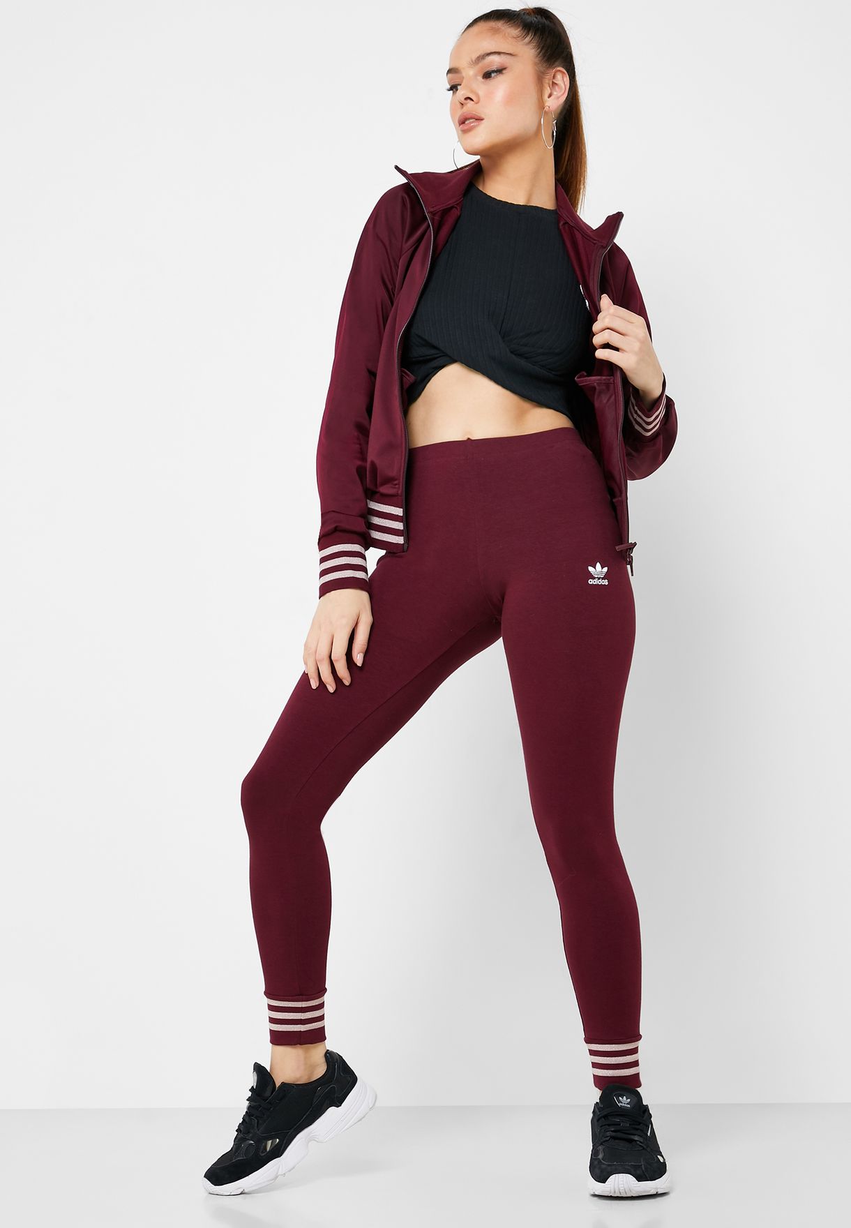 burgundy adidas leggings and top