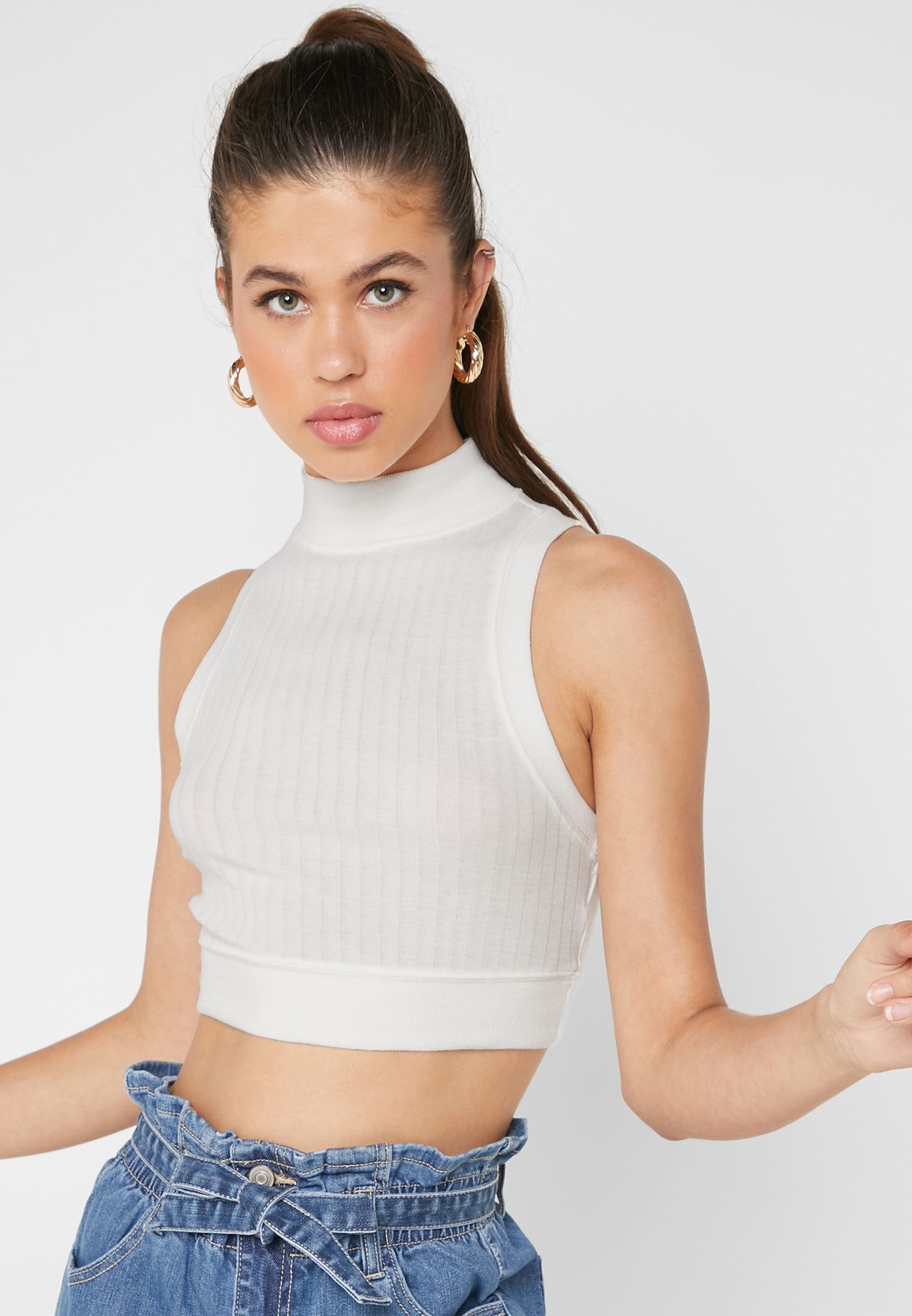 Forever 21 white Ribbed High Neck Crop 