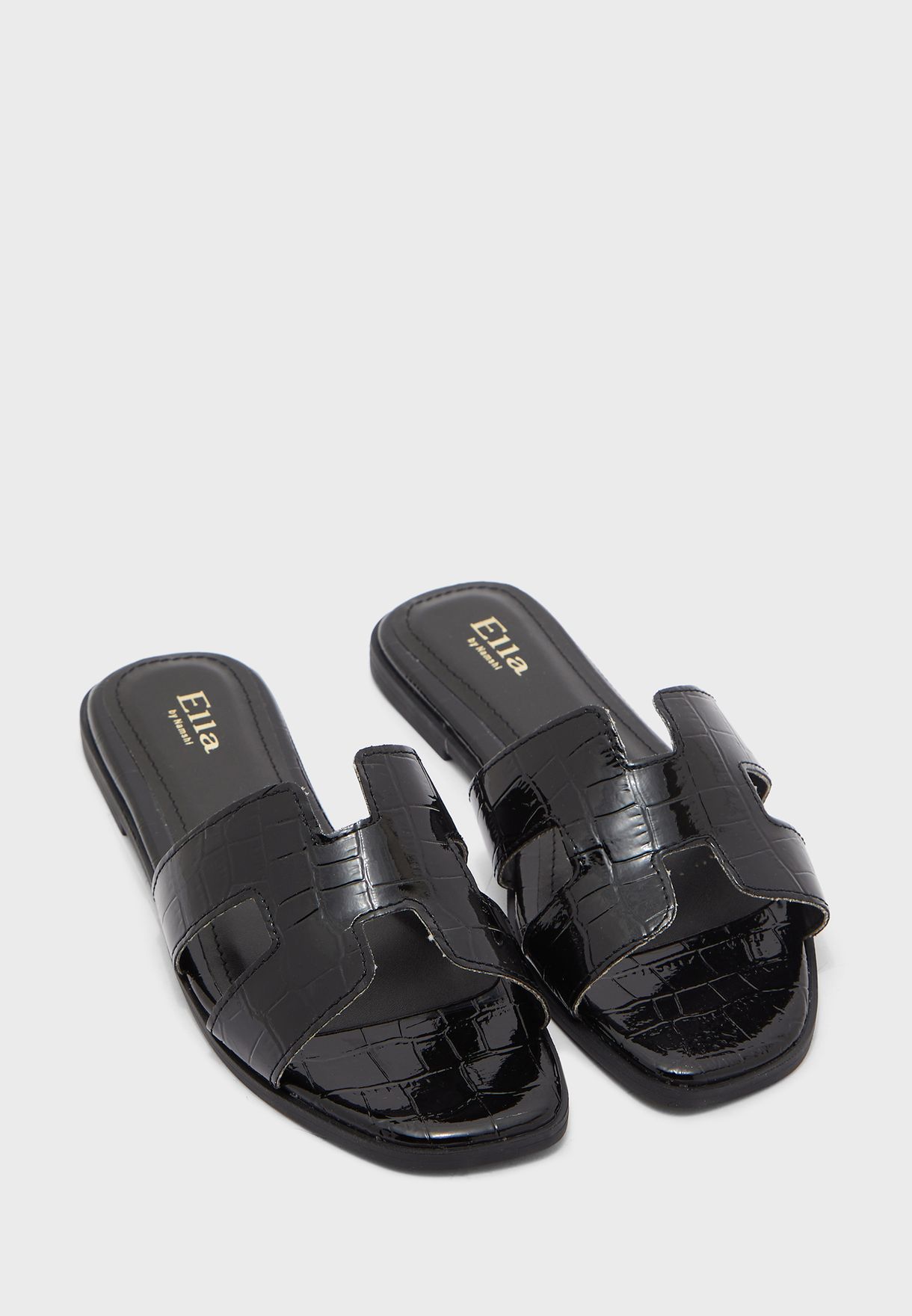 Buy Ella black Croc Effect H Shape Flat Sandal for Women in Riyadh, Jeddah