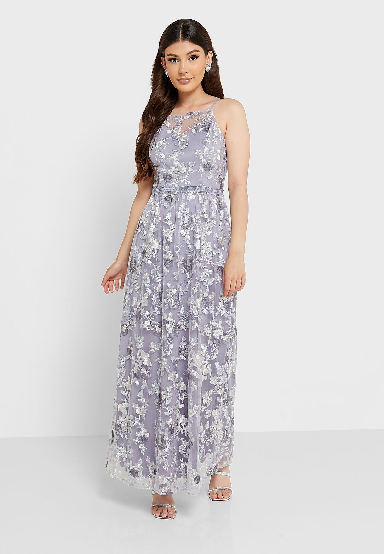 Embroidered Ruched Waist Floral Dress