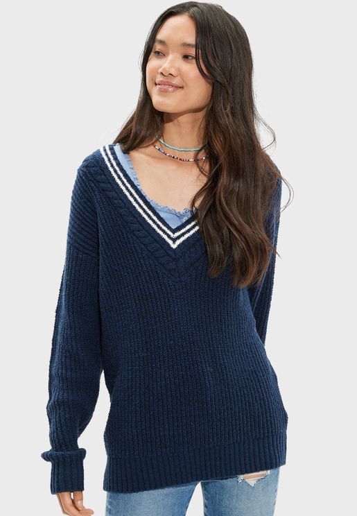 V-Neck Stripe Detail Sweater