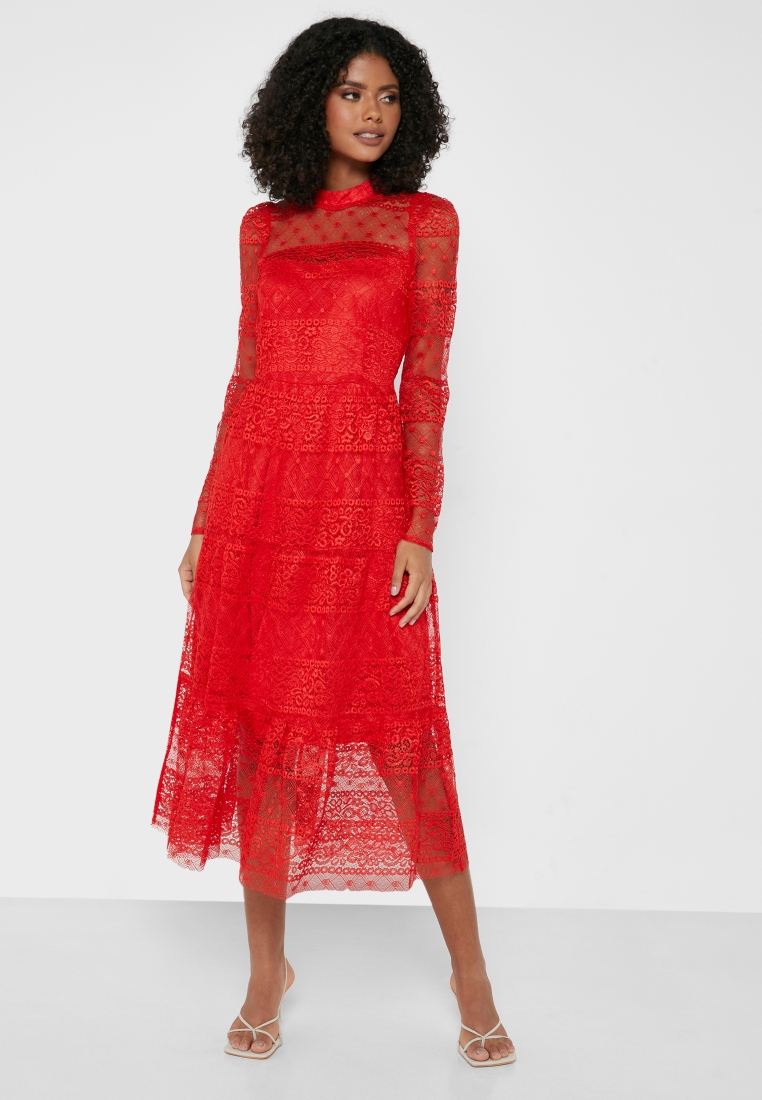 Buy Vero Moda red Lace Maxi Tier Dress for Women in MENA, Worldwide