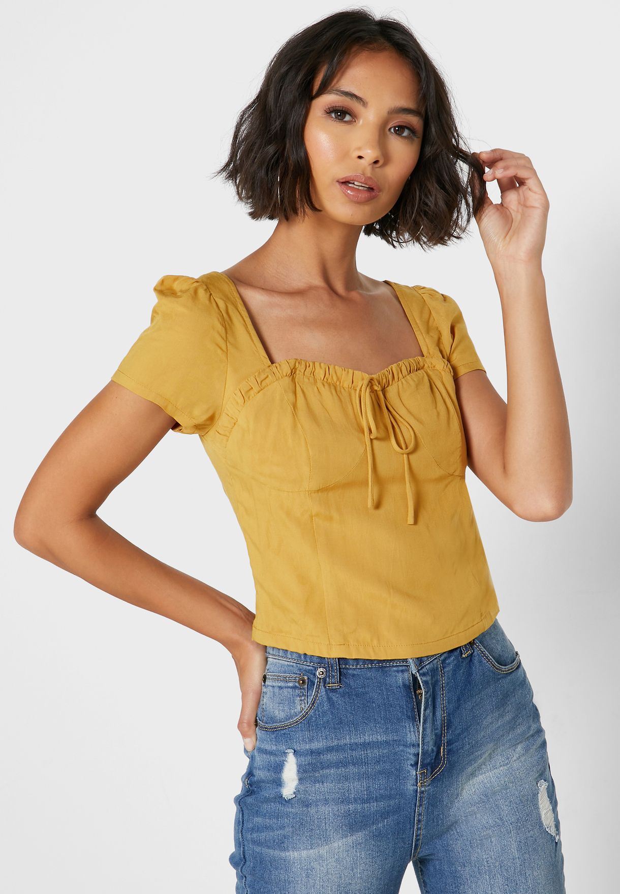 yellow tie front top