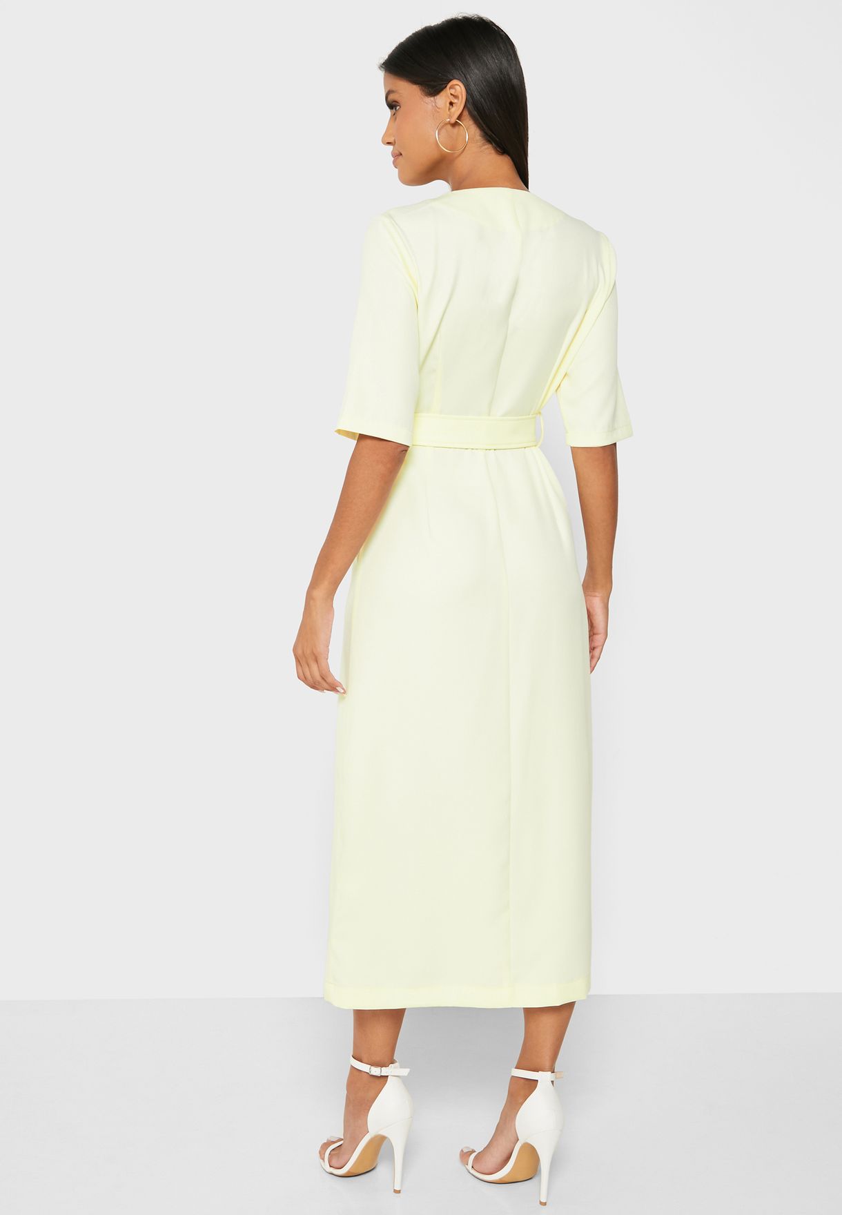 Wrap Front Button Belted Midi Dress