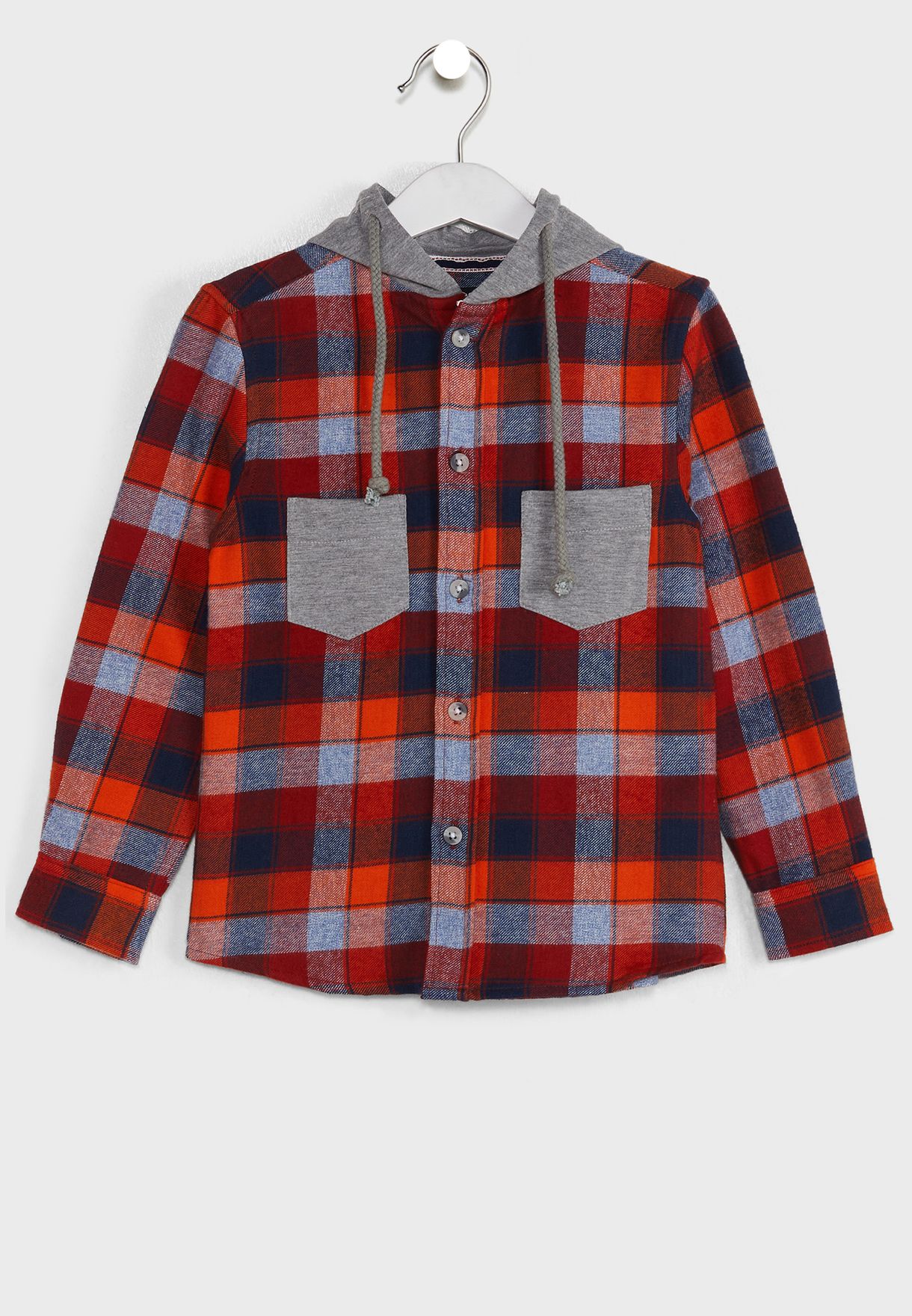 Checked Double Pocket Hooded Shirt