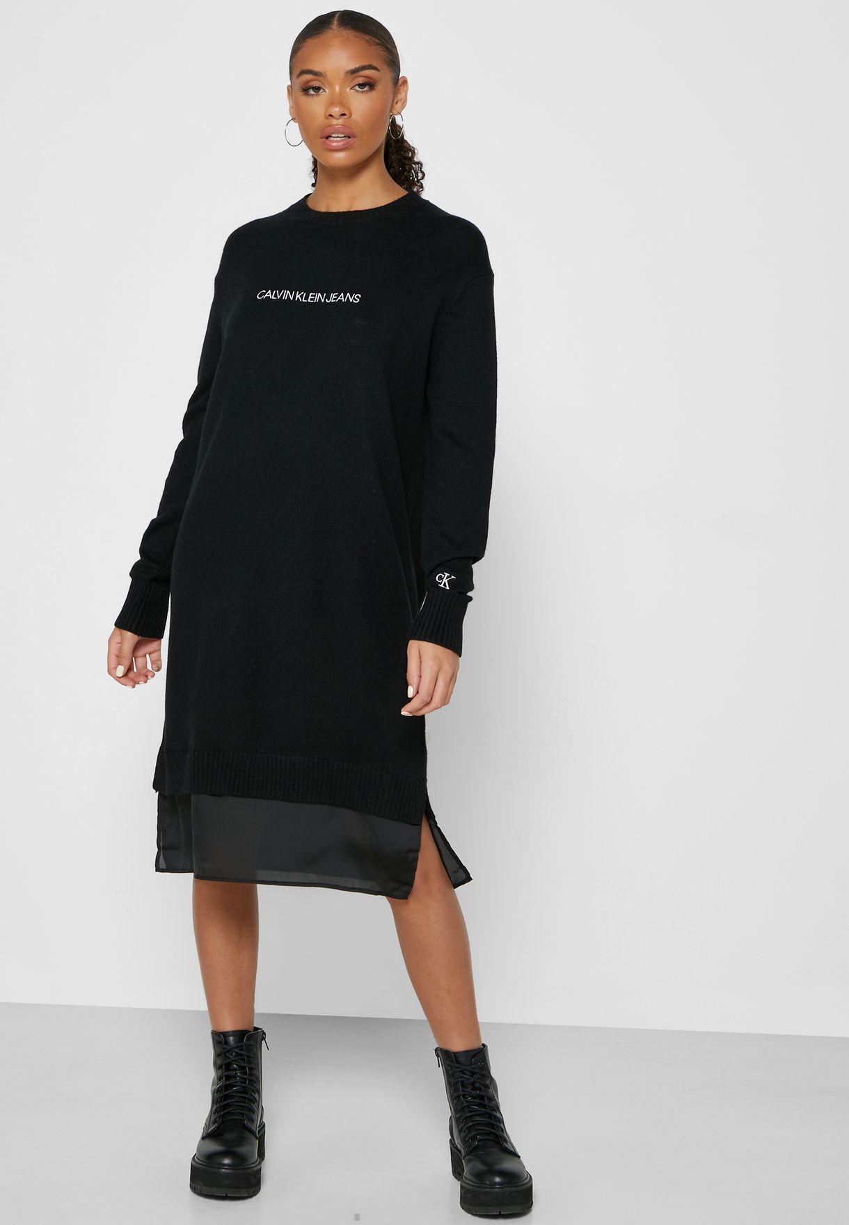 Buy Calvin Klein Jeans black Crew Neck Logo Sweater Dress for Women in  MENA, Worldwide