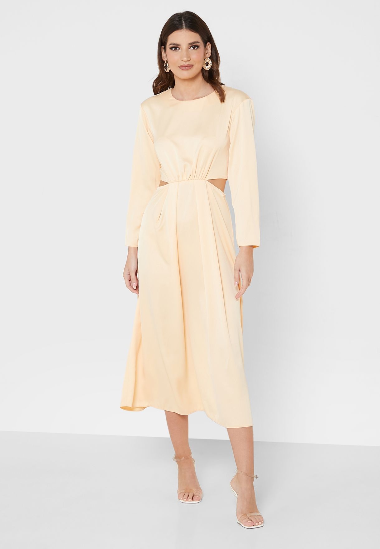 Crew Neck Cut Out Detail Pleated Dress