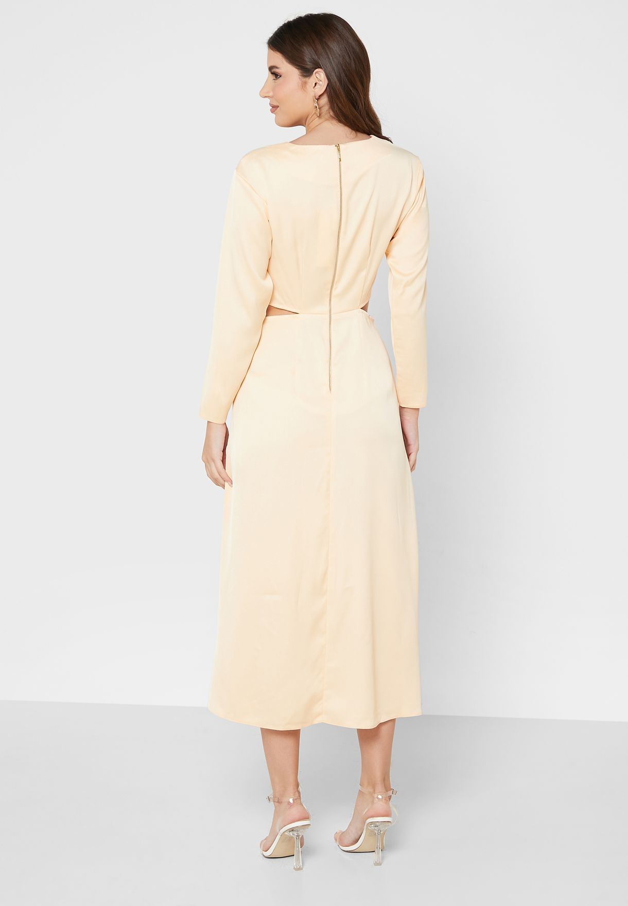 Crew Neck Cut Out Detail Pleated Dress