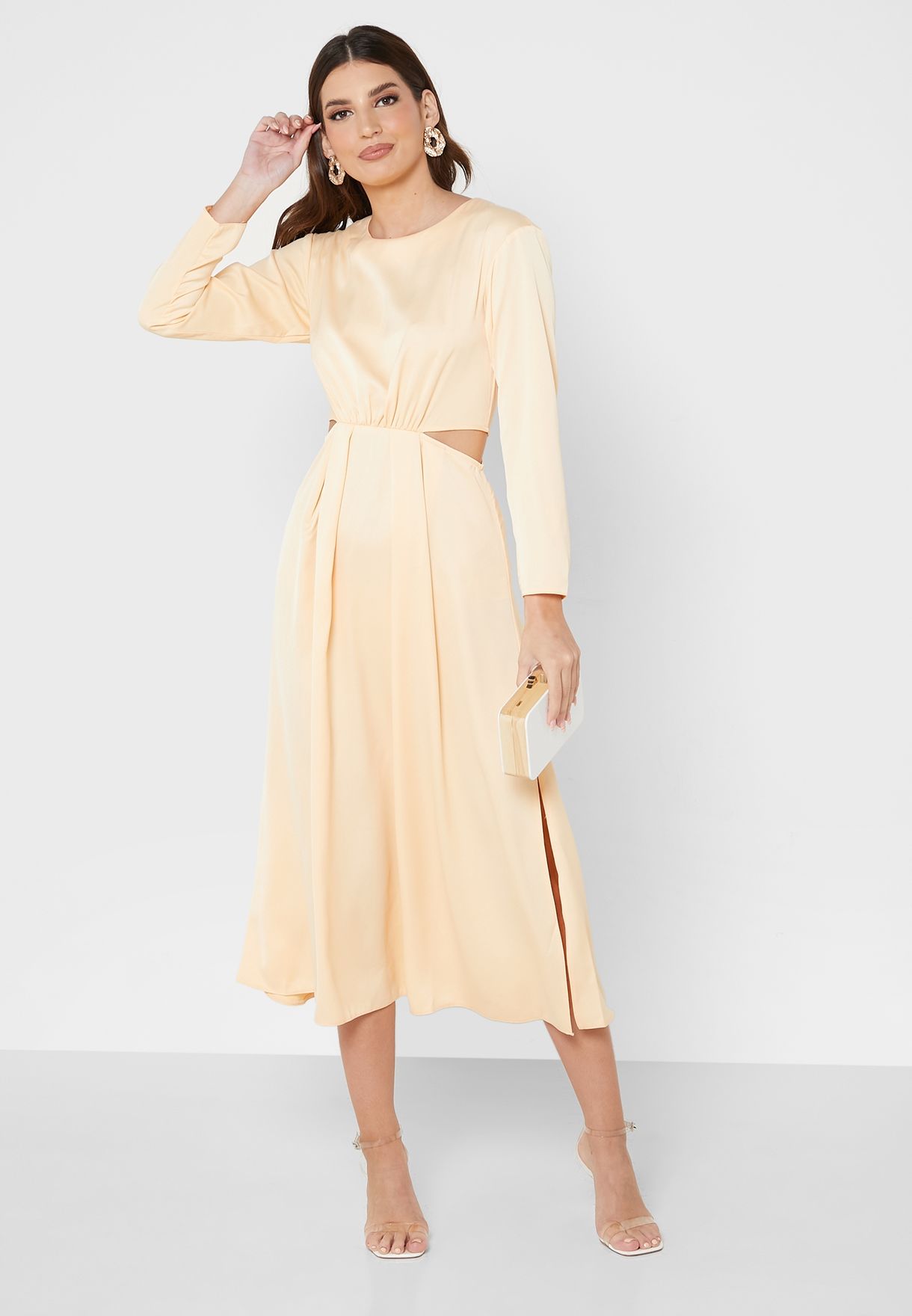 Crew Neck Cut Out Detail Pleated Dress