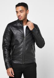 Men's Jack & Jones Leather Soft Biker Jackets Black Designer Slim Fit 