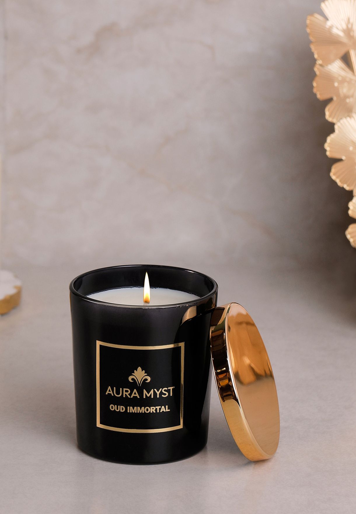 Black Glass Jar Candle With Gold Lid Oud Immortal