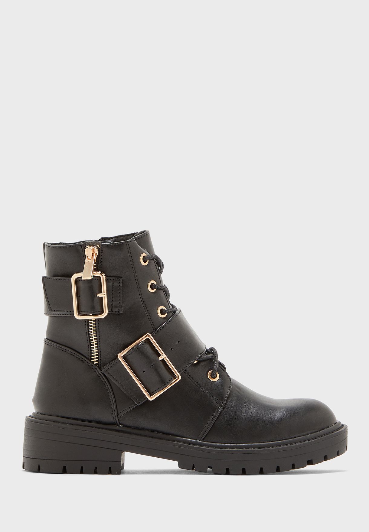 black lace up buckle boots