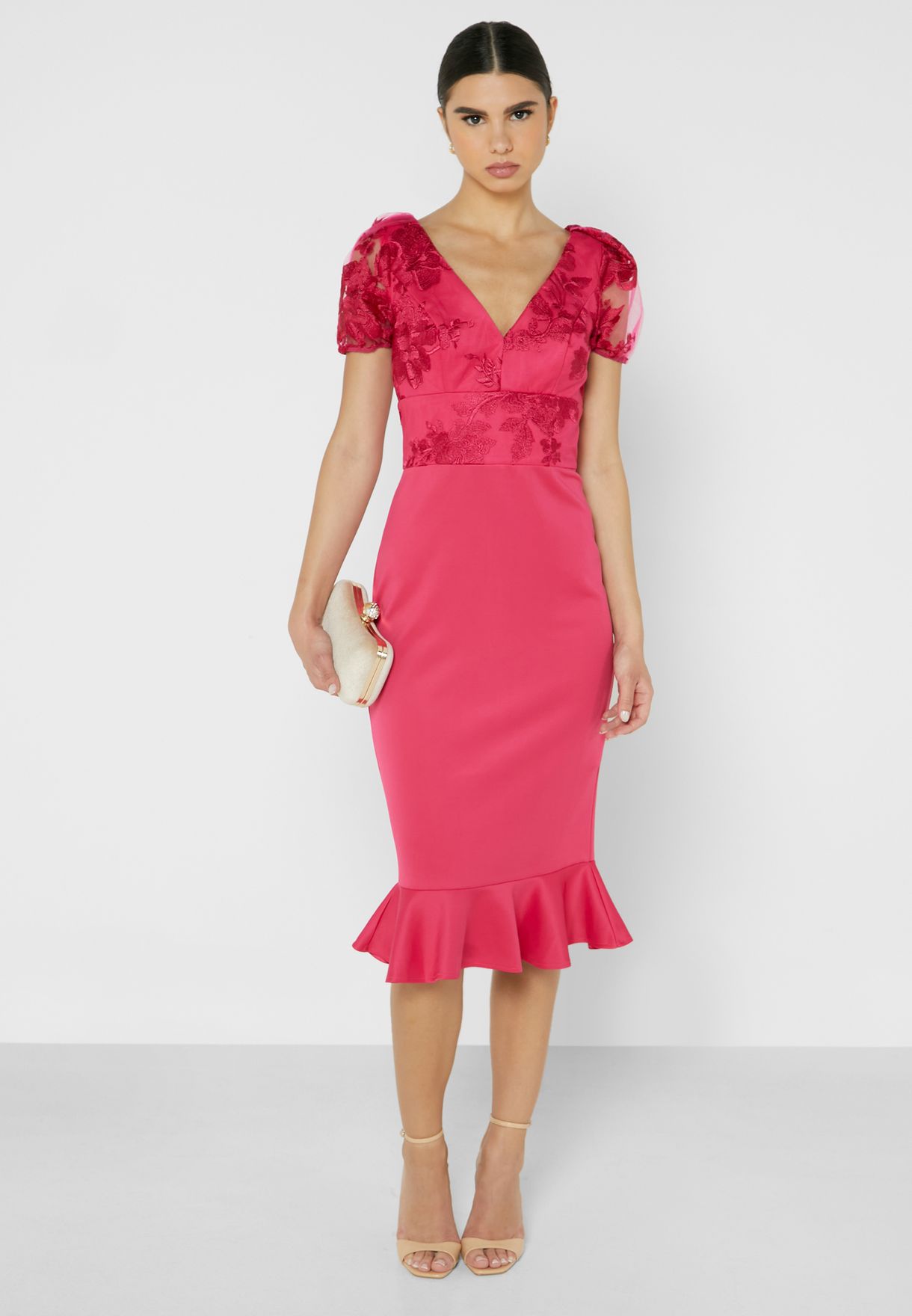 Plunge Neck Ruffle Detail Embroidered Dress