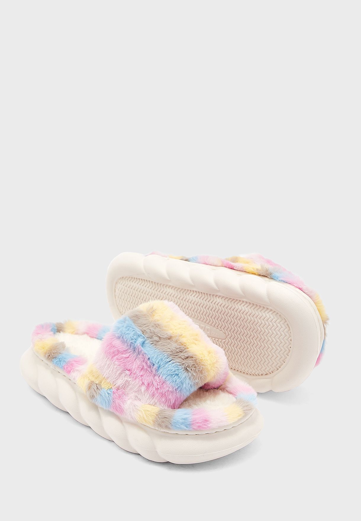 Pastel Stripe Furry Bedroom Slippers