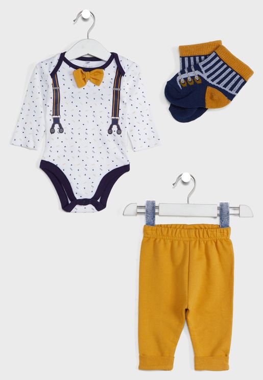 Infant Bowtie Bodysuit + Trouser And Sock Set