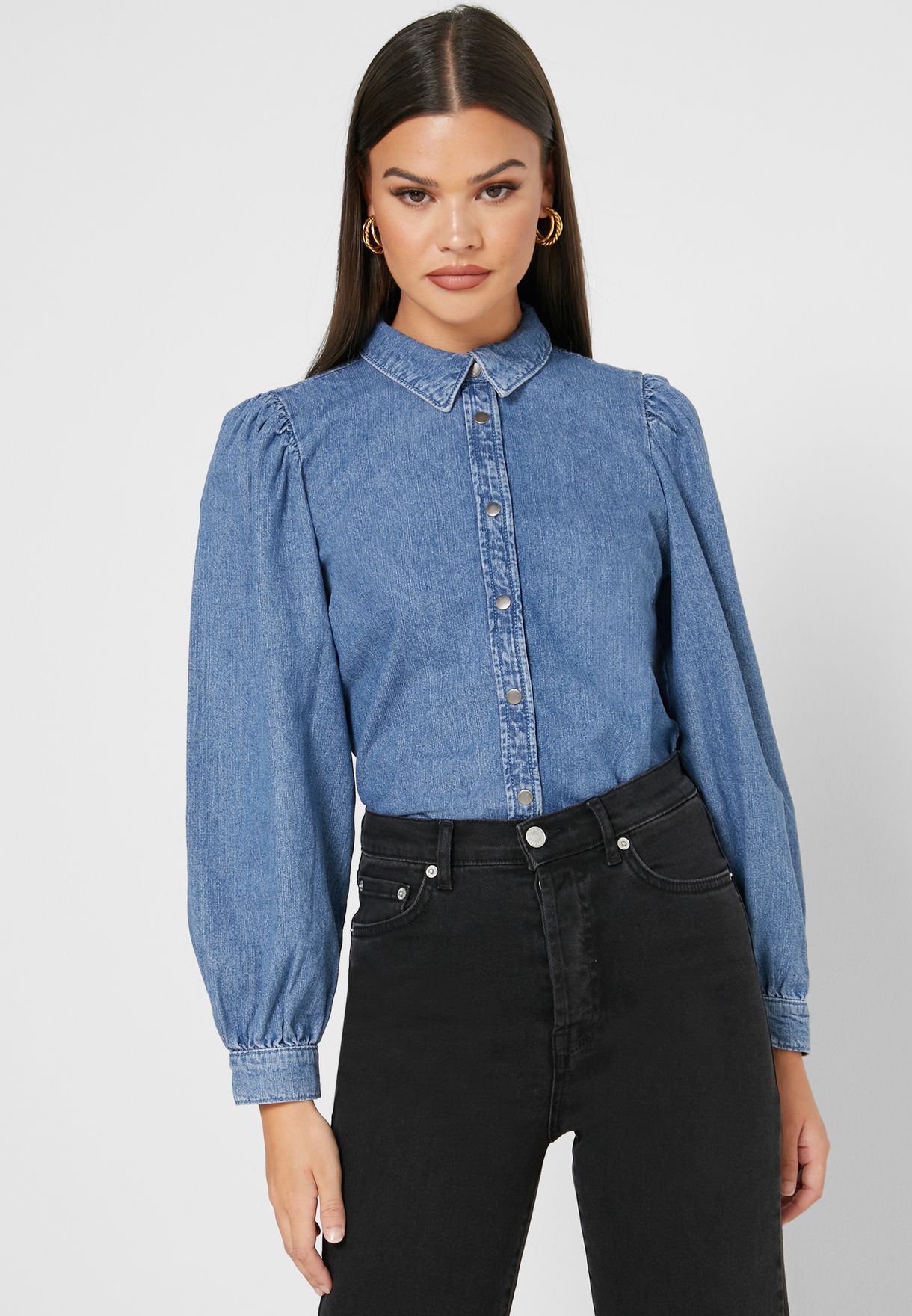 Buy Only Blue Puff Sleeve Denim Shirt For Women In Mena Worldwide 15208300