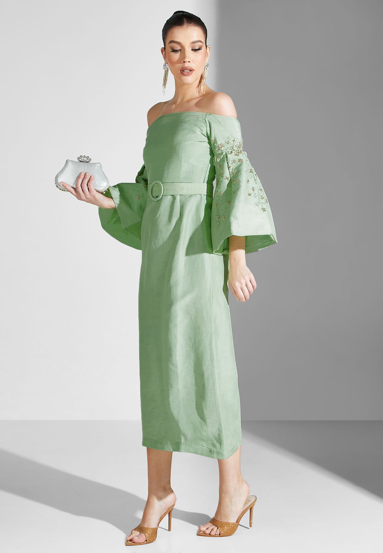 Bardot Flute Sleeve Belted Dress