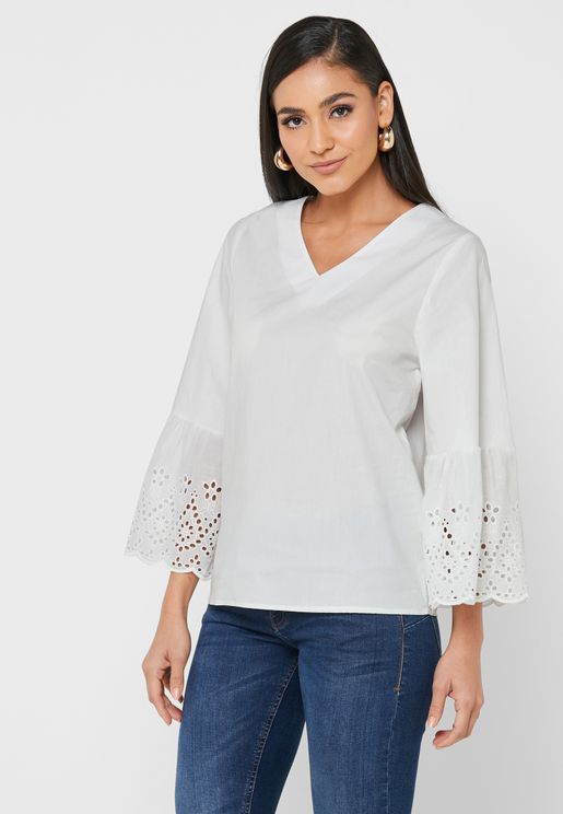 Bell Sleeve Perforated Trim Detail Blouse