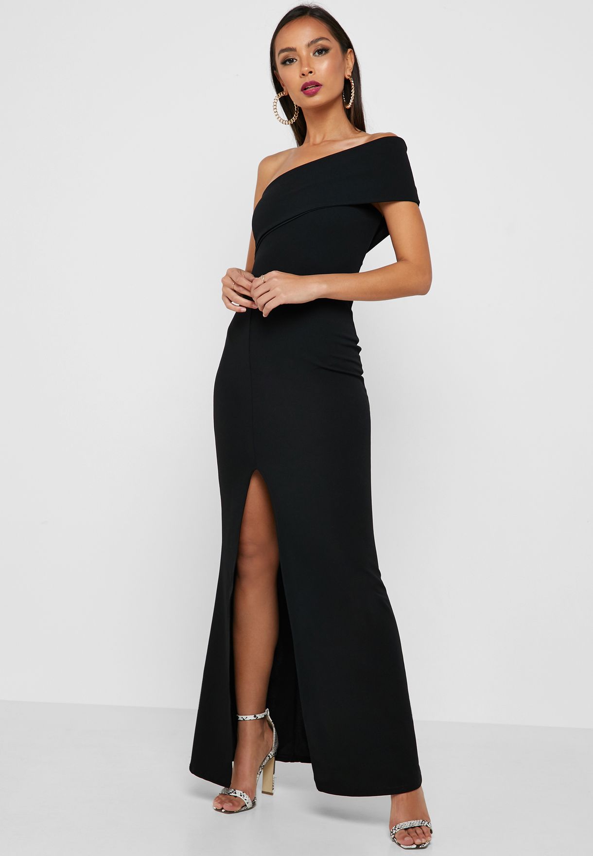 black one shoulder dress with split