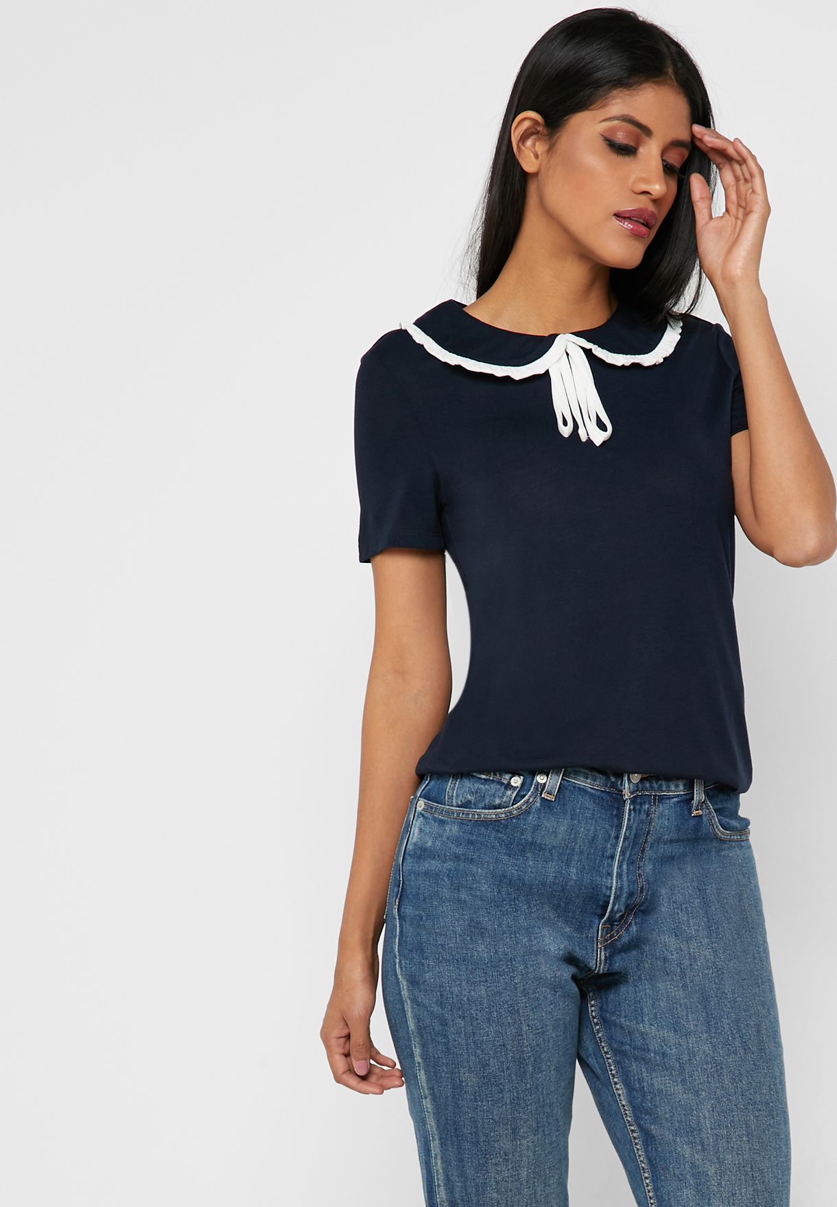 navy peter pan collar top