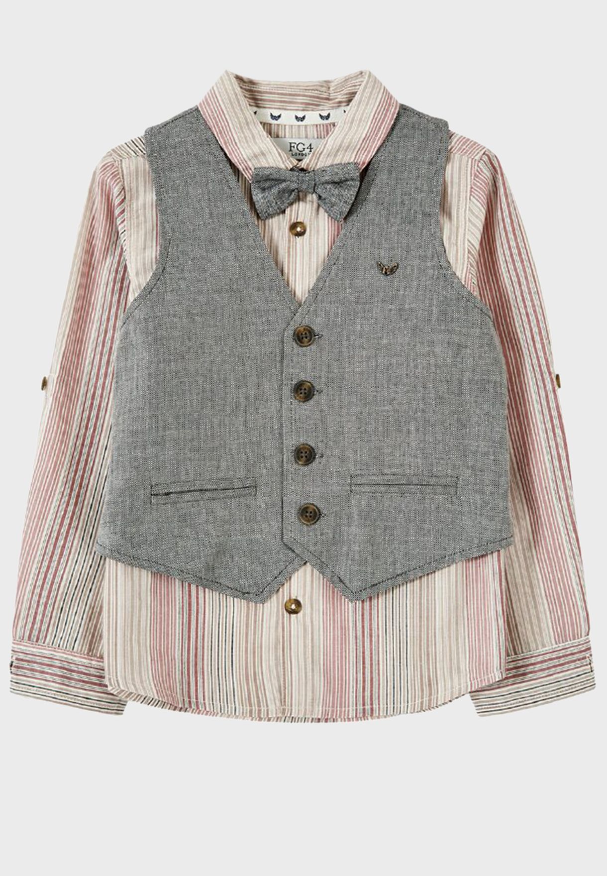 Youth Striped Shirt With Waistcoat & Bow Tie