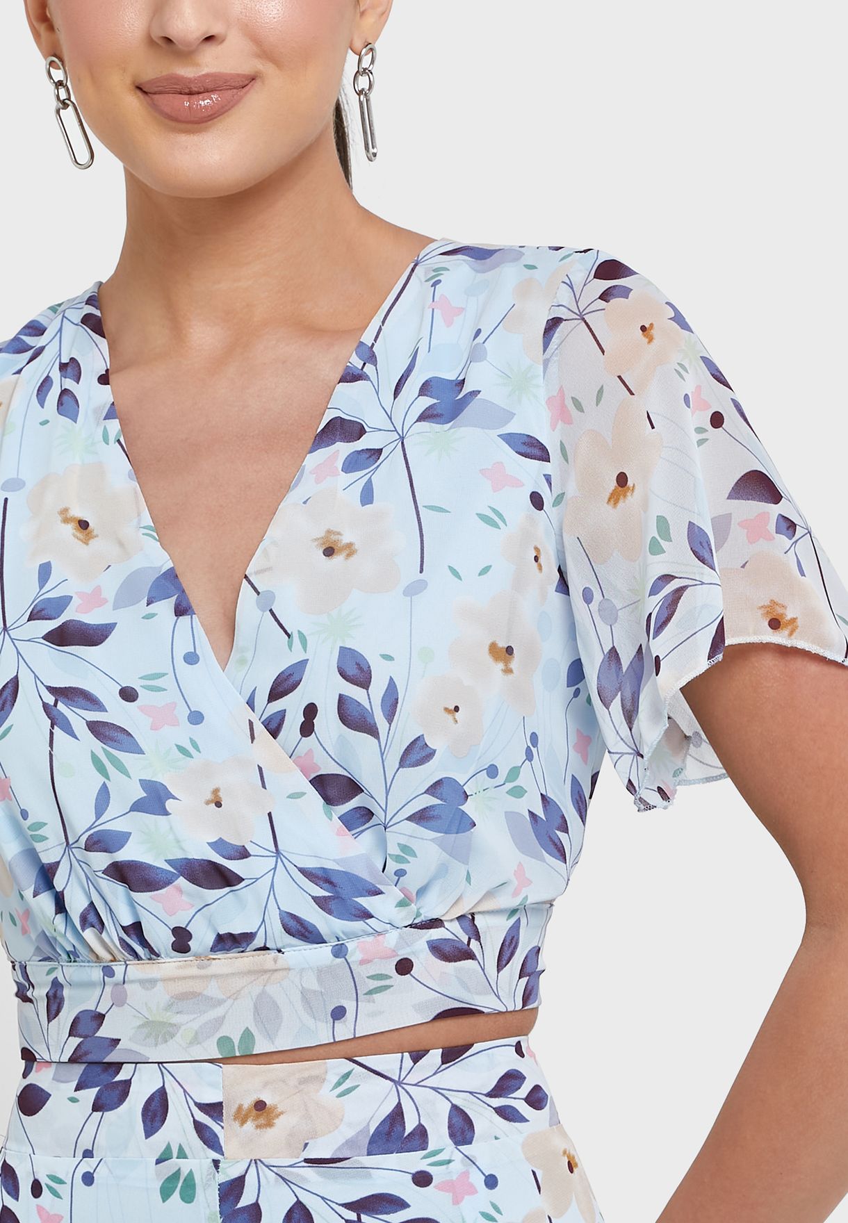 Floral Wrap Frill Sleeve Crop Top
