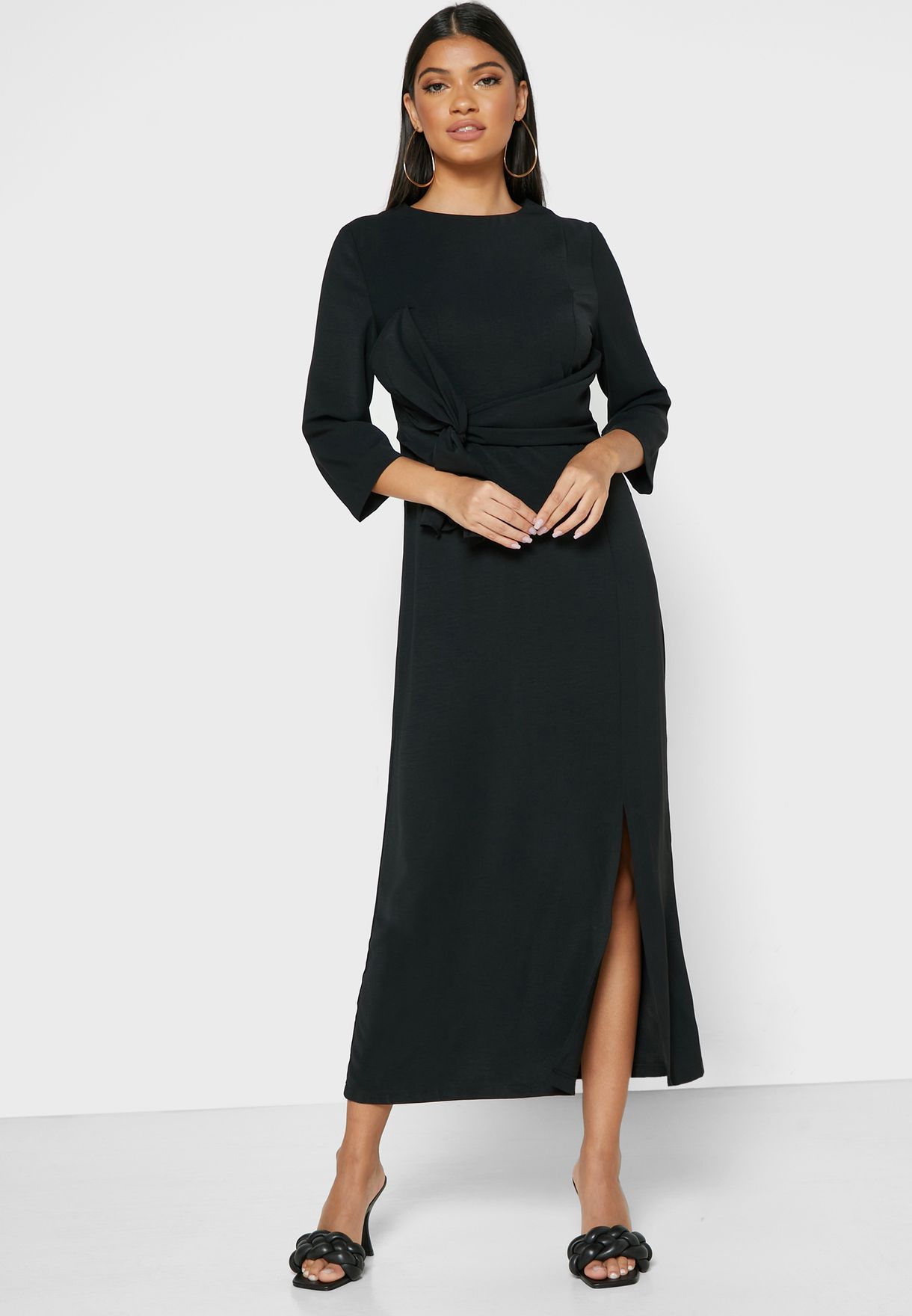 Buy Ella black Twisted Front Midi Dress for Women in MENA, Worldwide