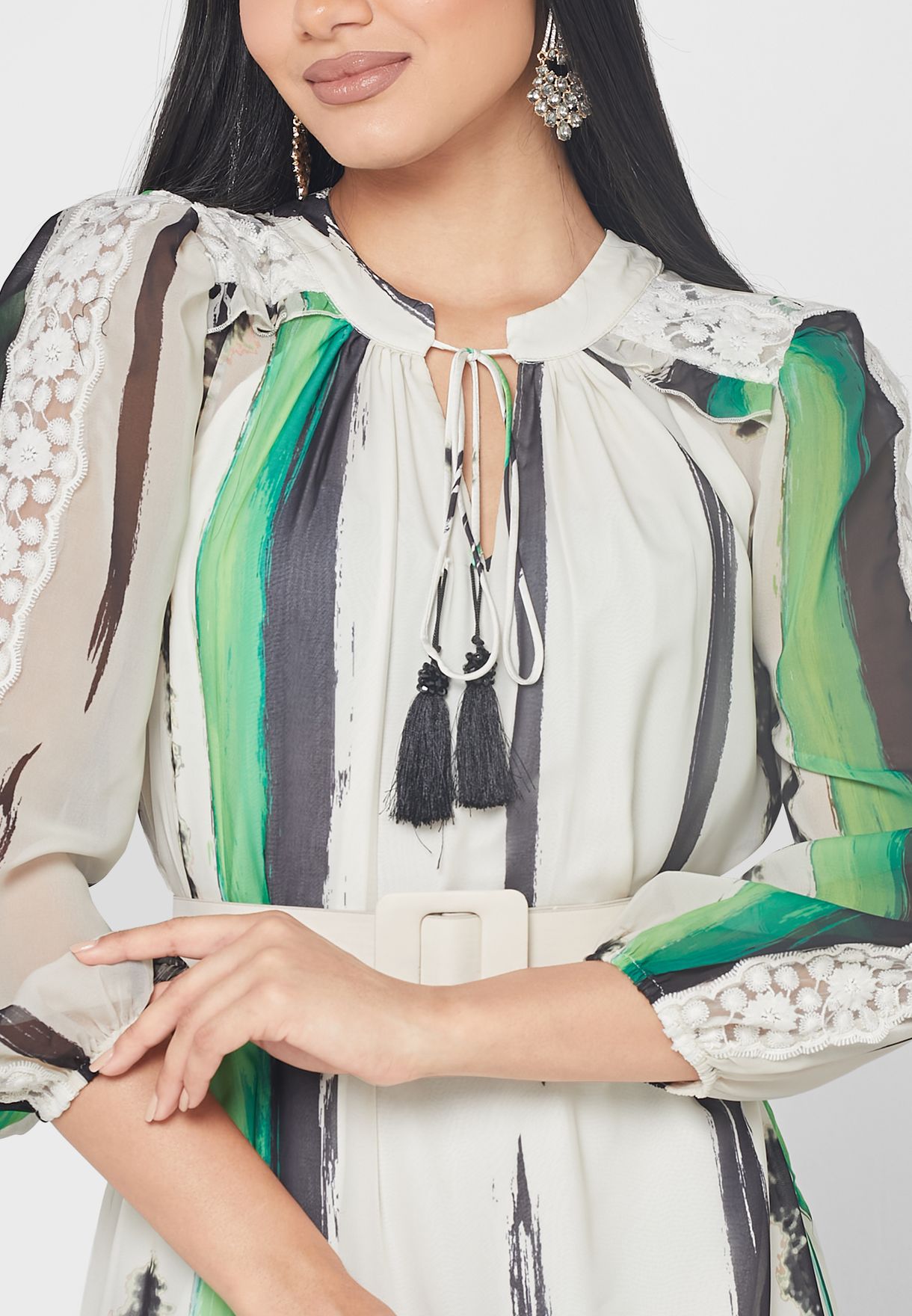Belted Ruffle Hem Puff Sleeve Dress