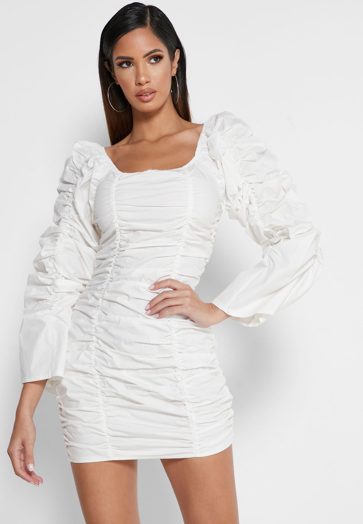 white bardot ruched bodycon dress