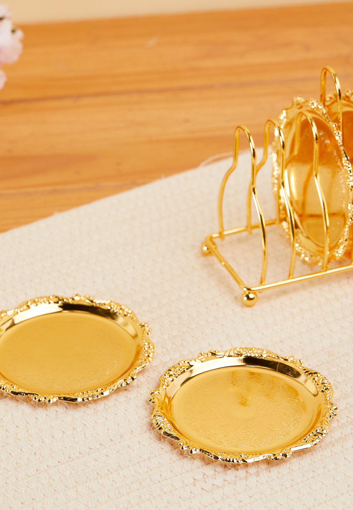Set Of 6 Gold Mini Side Plates With Holder