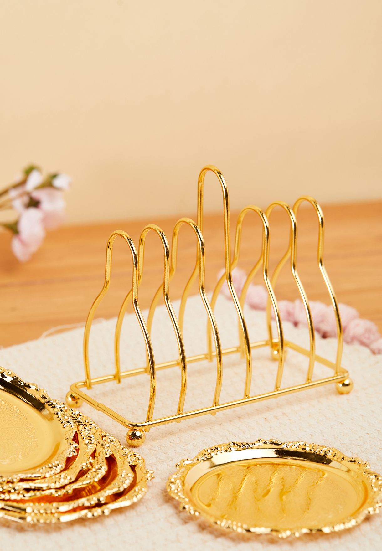 Set Of 6 Gold Mini Side Plates With Holder