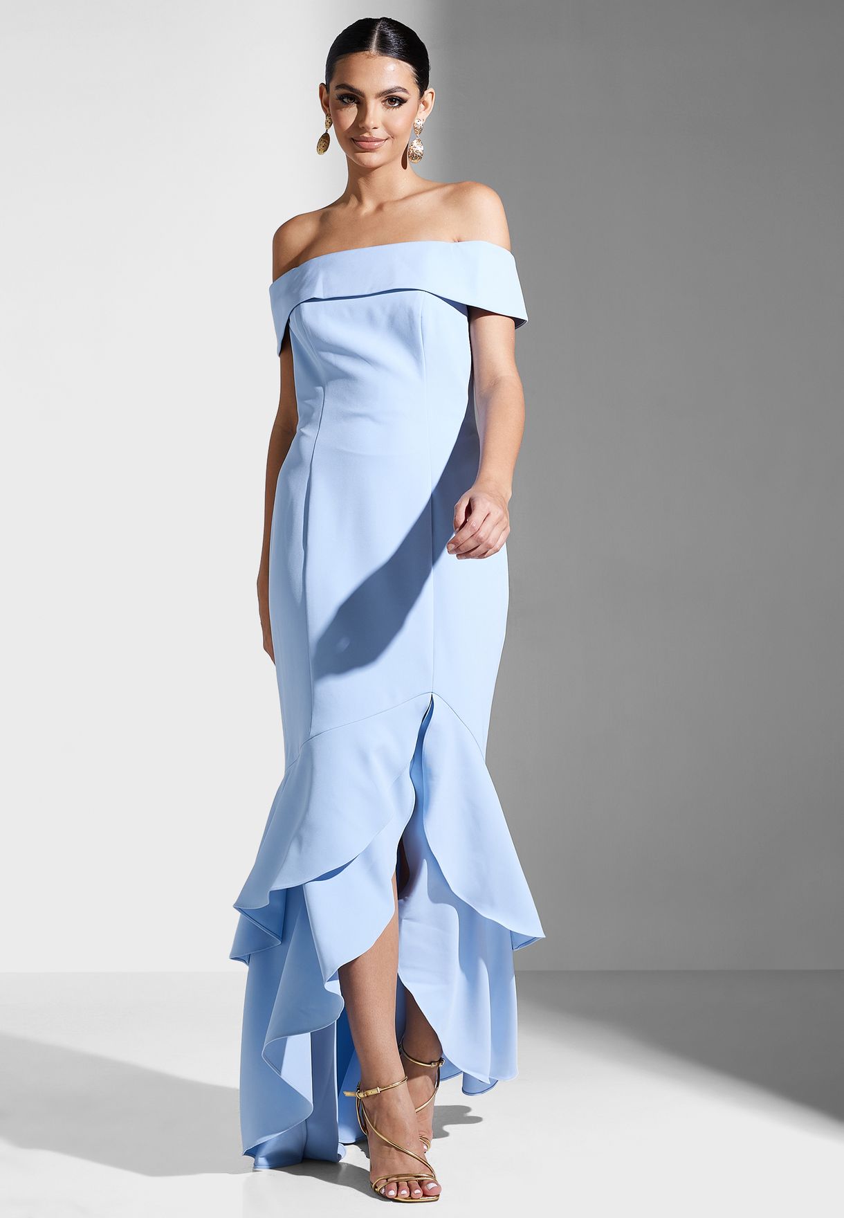 Bardot Ruffle Asymmetrical Hem Dress