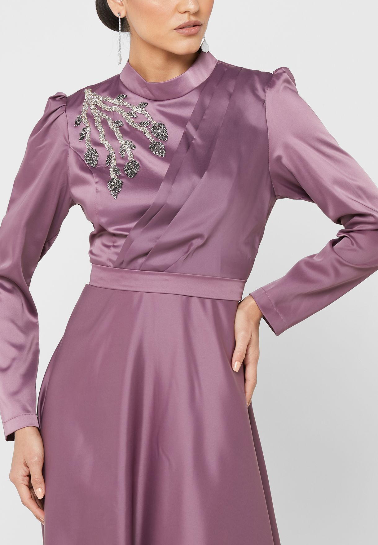 Embellished Detail Pleat  Fit & Flare Dress
