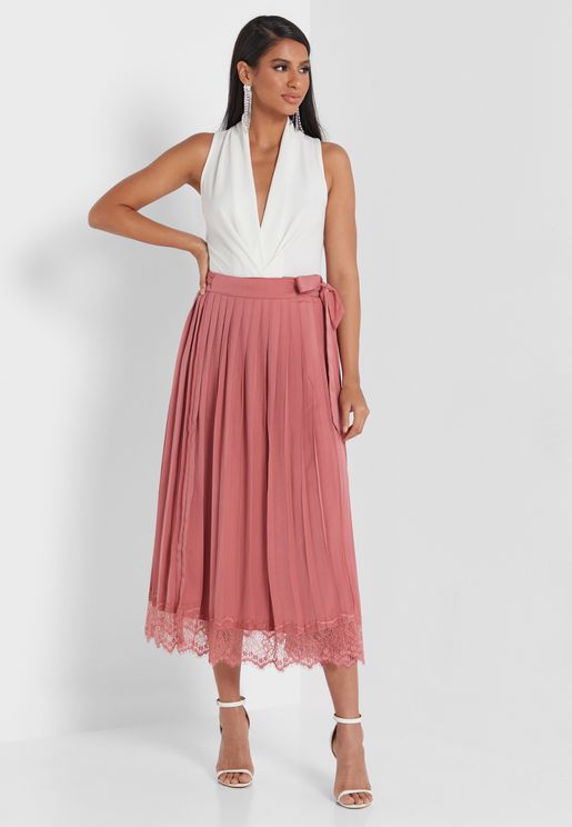 High Waist Pleated Lace Detail Skirt