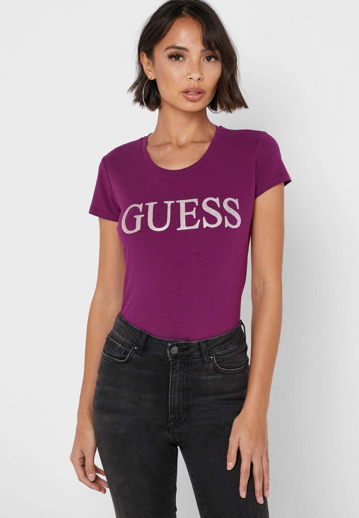 red and purple guess shirt