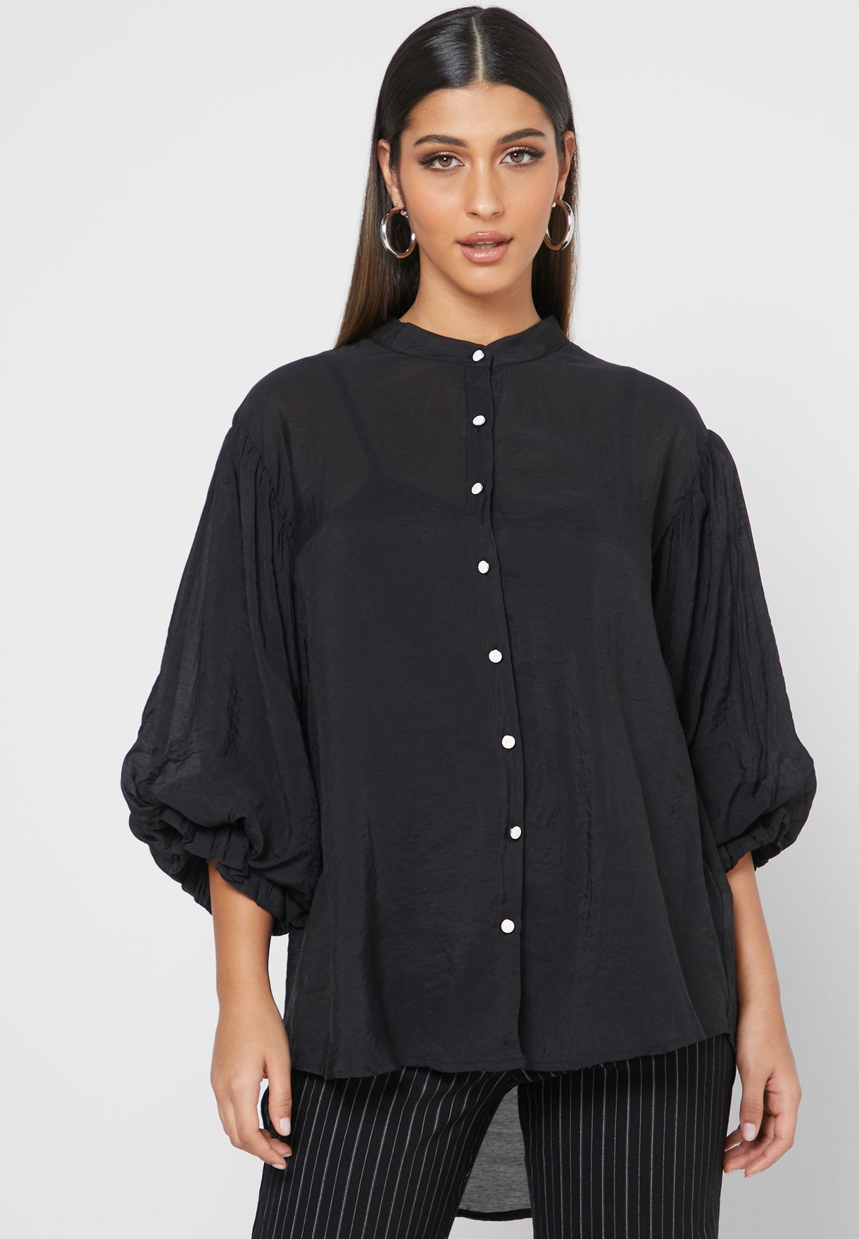 Buy Khizana black Puffed Sleeve Grandad Collar Shirt for Women in MENA ...